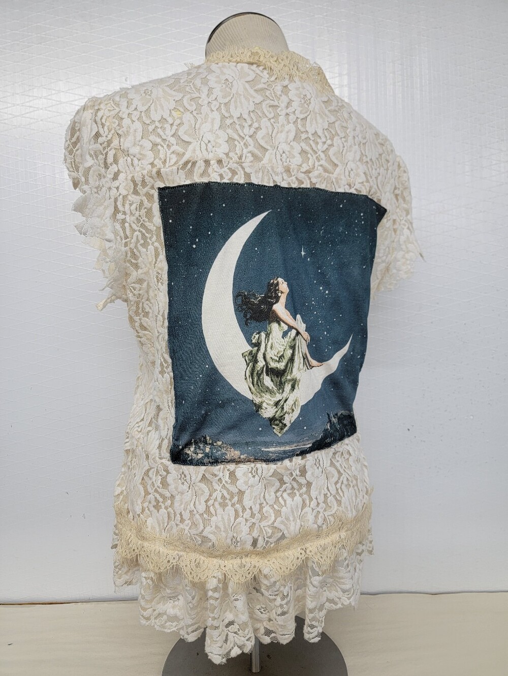 **SOLD***Lace Vest Kimono - Crescent Moon Star Gazing - Upcycled
